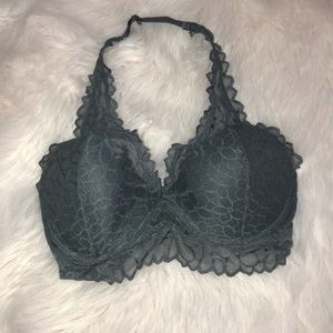 Pink Victoria Secret Lace Halter Bralette Steele Blue Medium D-DD cup. EUC.